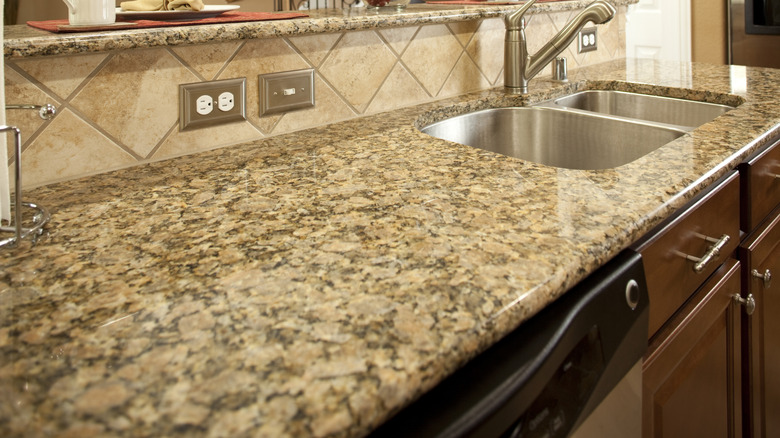 Closeup of granite countertop on kitchen sink