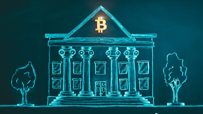 bitcoin banking symbol against house 