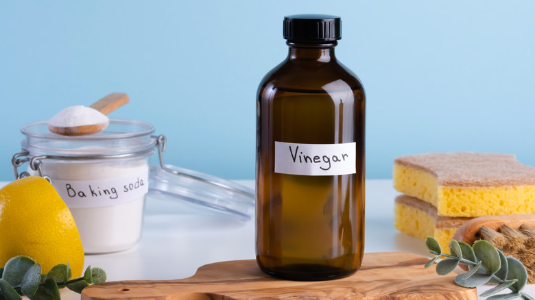 Common homemade cleaning solution ingredients including vinegar, baking soda, and lemon on a countertop
