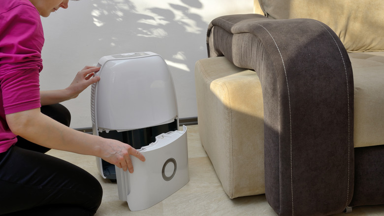 woman changing the drainage in a portable ac unit in a livingroom near a couch