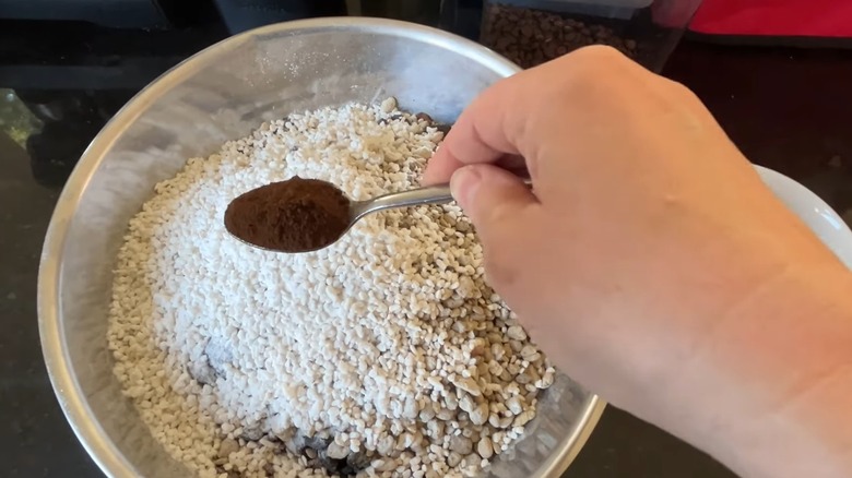 Hand adding a spoonful of coffee grounds into a bowl of potting mix