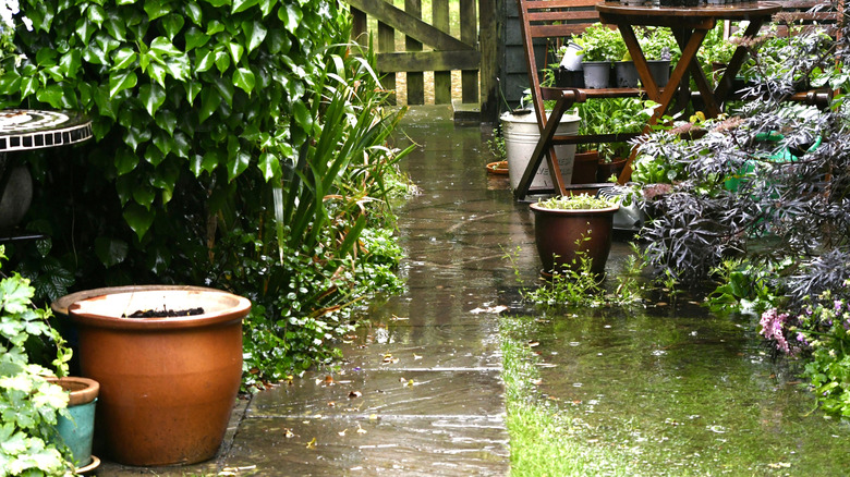 A garden path and outdoor furniture in a garden flooded with rain.