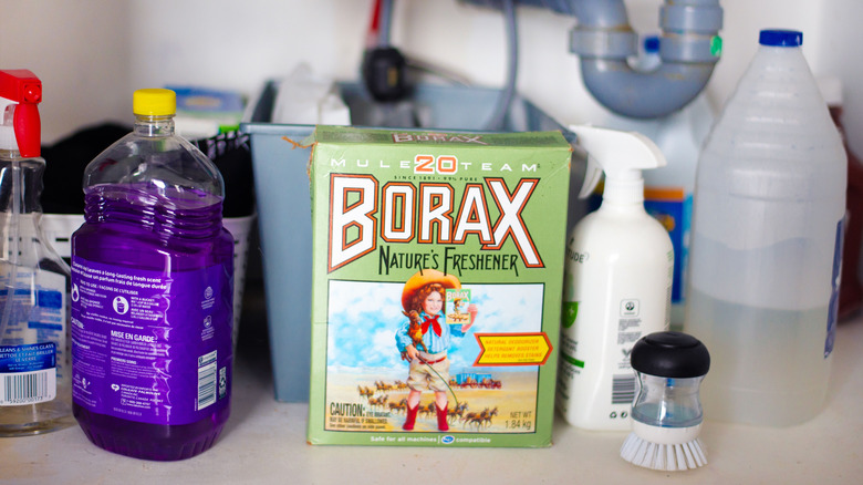 A box of borax sits under the sink next to other cleaning supplies