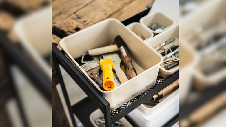 Tools inside an IKEA NOJIG organizer