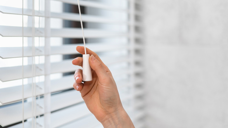 Woman pulls the adjustment string that opens window blinds