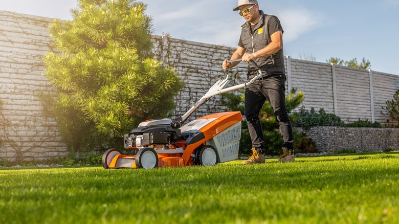 Person mowing lawn