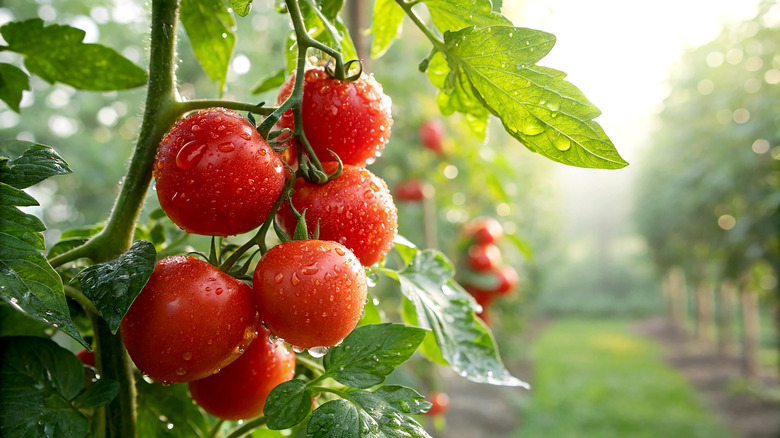 Tomatoes hanging from a vine