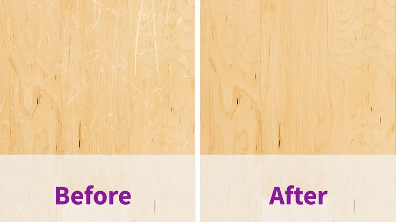 Before and after of Rejuvenate wood restorer