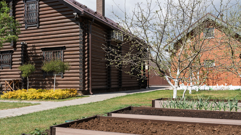 Raised garden beds near a house.