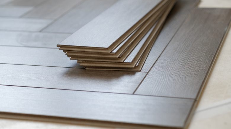 A close-up view of laminate flooring planks.