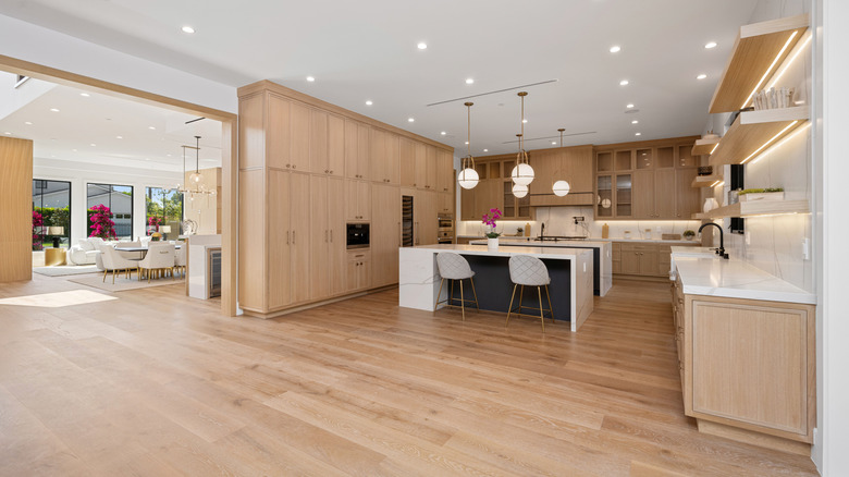 A modern kitchen with wood flooring.