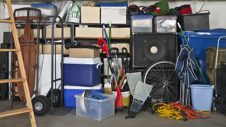 Cluttered garage with many boxes