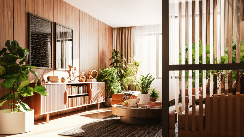 Living room with wood paneling