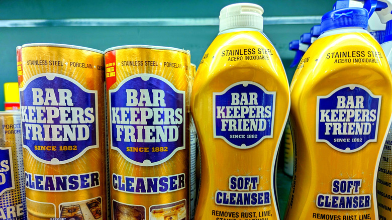 Close-up of Bar Keepers Friend products on store shelf
