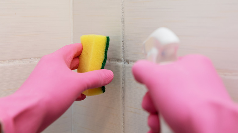 Person spraying wall tile grout