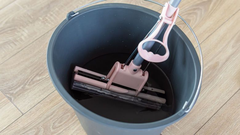 A sponge mop in bucket of water