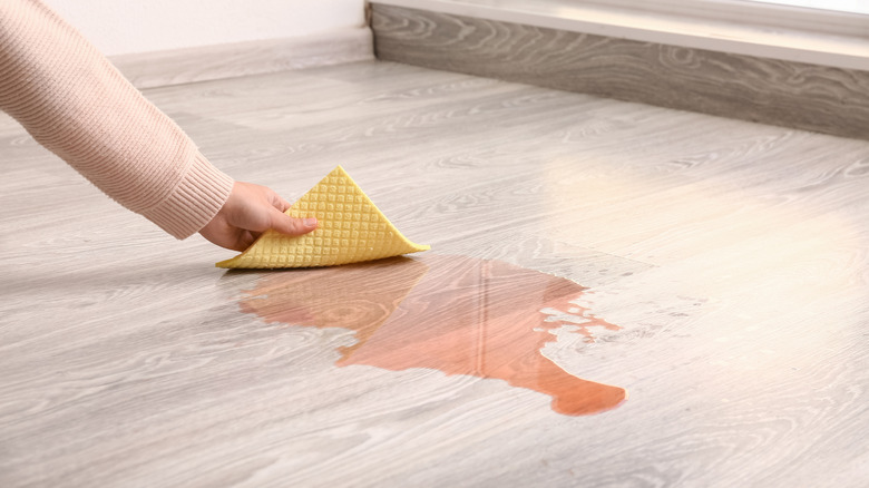 A person wiping a red liquid off the floor