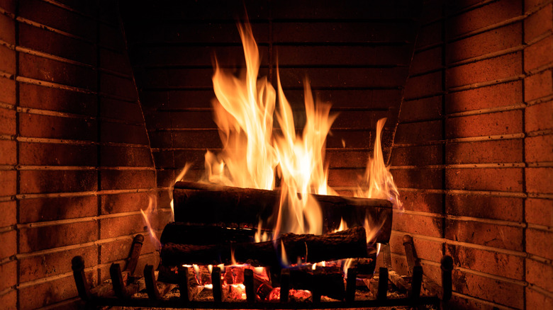 Burning brick fireplace