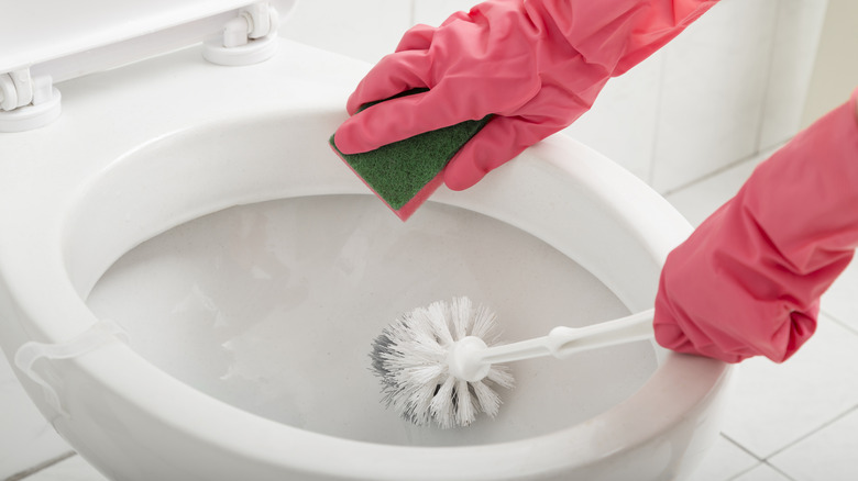 Cleaning a toilet 