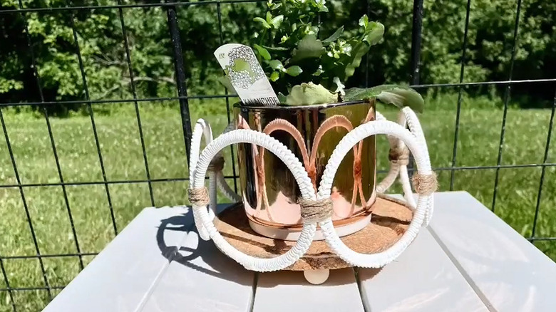 Plant stand made with an IKEA trivet displayed outside with a potted plant in it