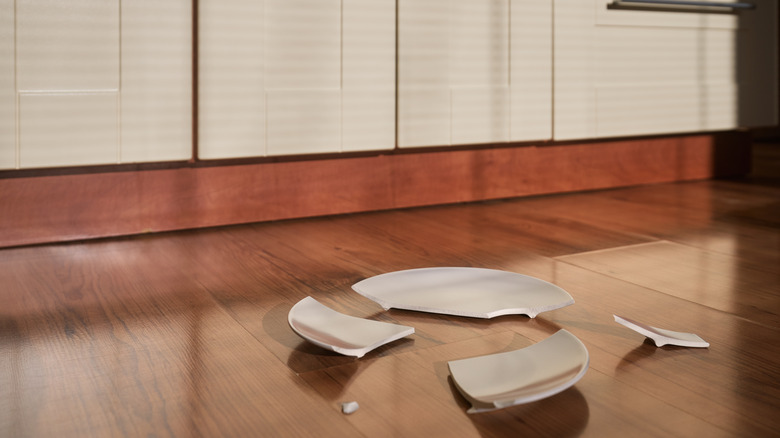 Broken white plate on kitchen floor