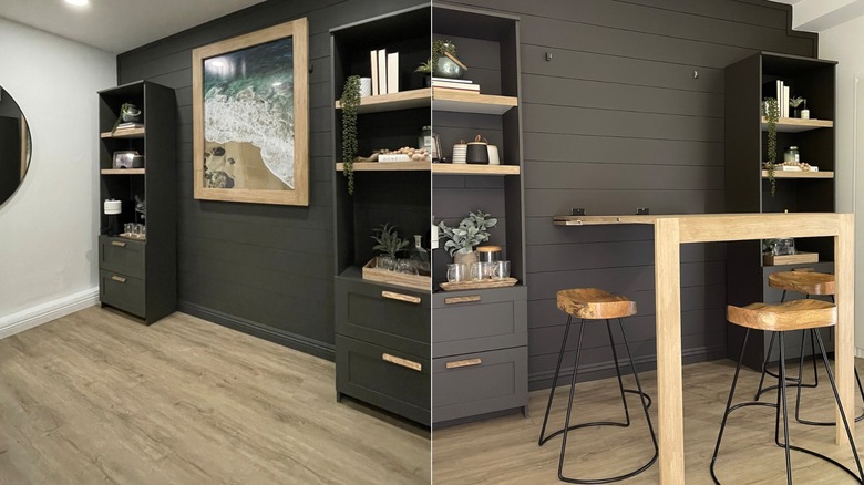 Painting hanging on grey wall (left); fold down table with stools by grey wall (right)