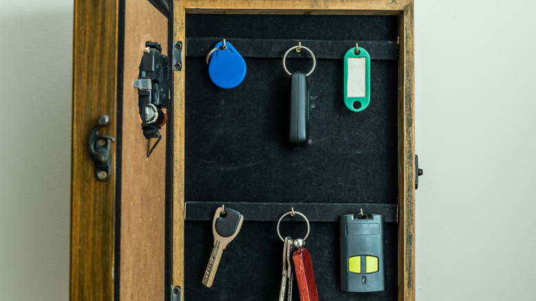 Velvet lined key cabinet with six different types of keys hanging on hooks.