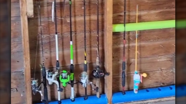 Pool noodle fishing rod storage for garage