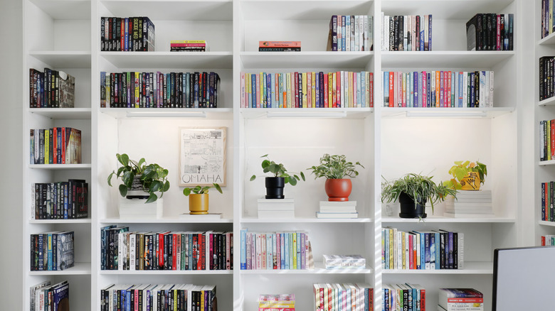 A large white bookshelf with different sized cubbies