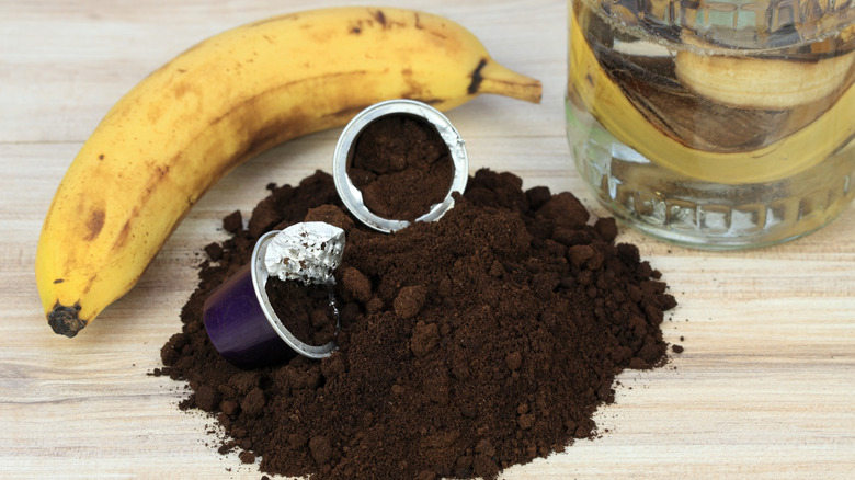 Coffee grounds and banana peels on a table