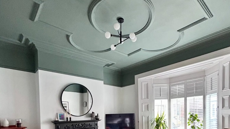 Living room with green painted ceiling and contrasting white walls