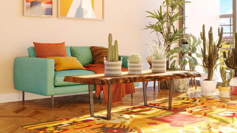 Living room with plants by the window, a loveseat, and a coffee table.