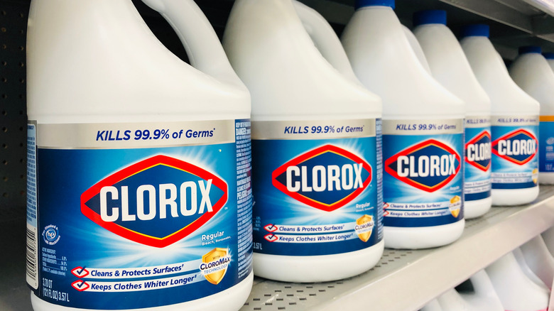 Clorox bottles lining store shelf