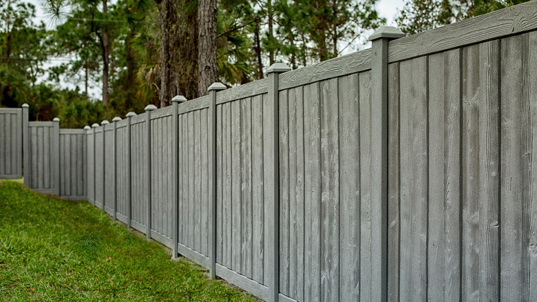 A gray composite privacy fence surrounds a trimmed yard with a lawn and tall trees in the background.