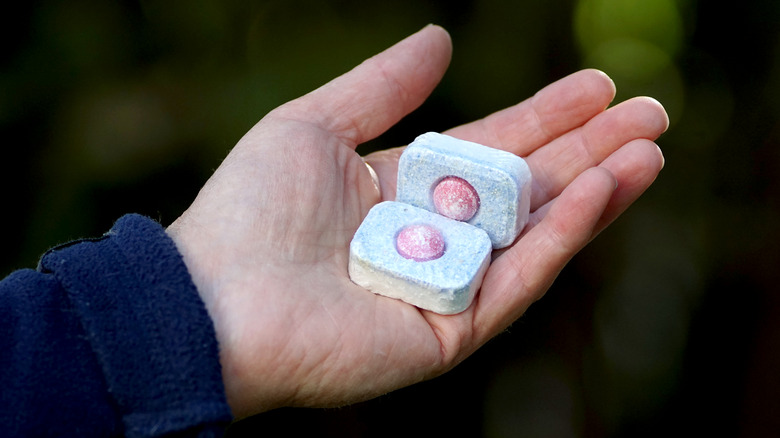 hand holding dishwasher tabs