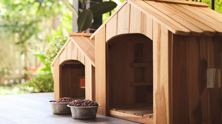 Two dog bowls outside by two dog houses
