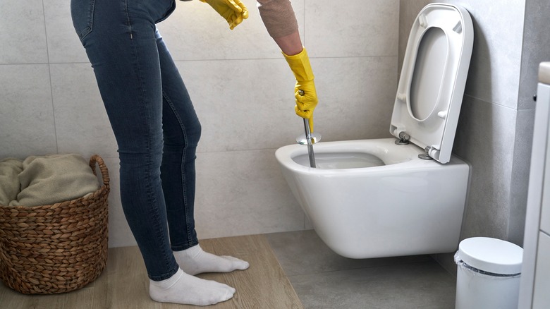 woman cleaning toilet bowl with brush