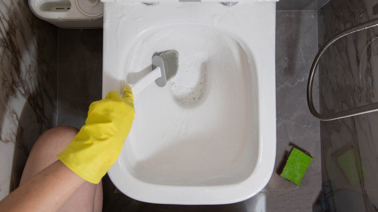 Person scrubbing their toilet bowl.