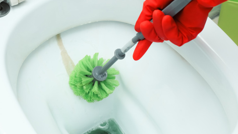 Grayish limescale stain inside toilet bowl.
