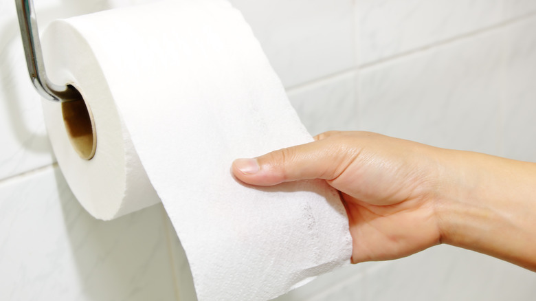 A hand pulling squares from a roll of toilet paper hanging from a hook on the wall
