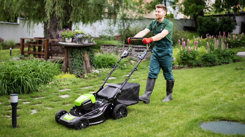 A man using an electric lawn mower in an attractive garden