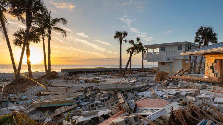 Debris is shown in front of a Florida home damaged by Hurricane Milton