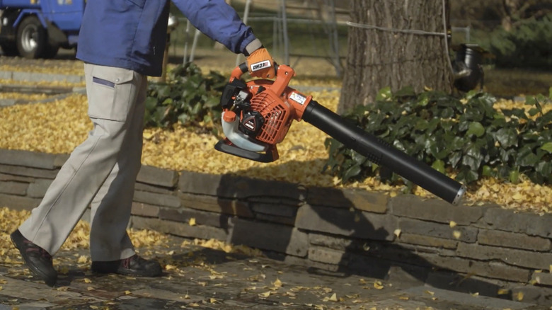 Person using an Echo PB-2620 handheld leaf blower to blow leaves off of a pathway