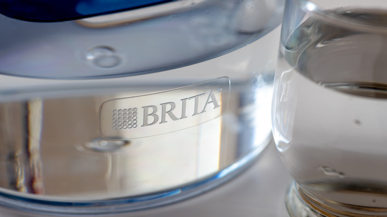 A Brita water filter jug and a glass of water with sunlight highlighting the brand name and logo.
