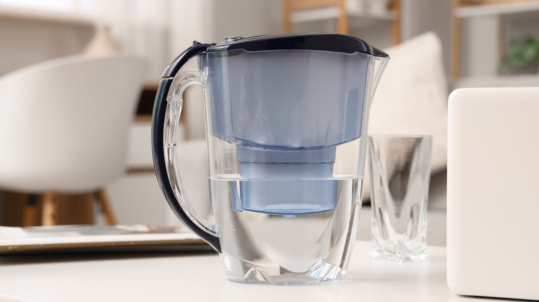 Water filter pitcher and glass on table