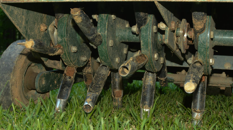 Close-up view of the bottom of a core aerator that removes plugs of soil