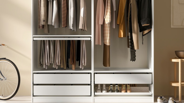 The Ikea Pax closet system with clothes hanging in it