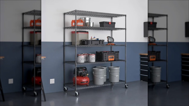 Costco's TRINITY five-tier rack with tools and buckets on the shelves