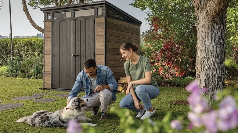 Two people and a dog crouching before the Keter DecoCoat 7x7 shed sold on Costco