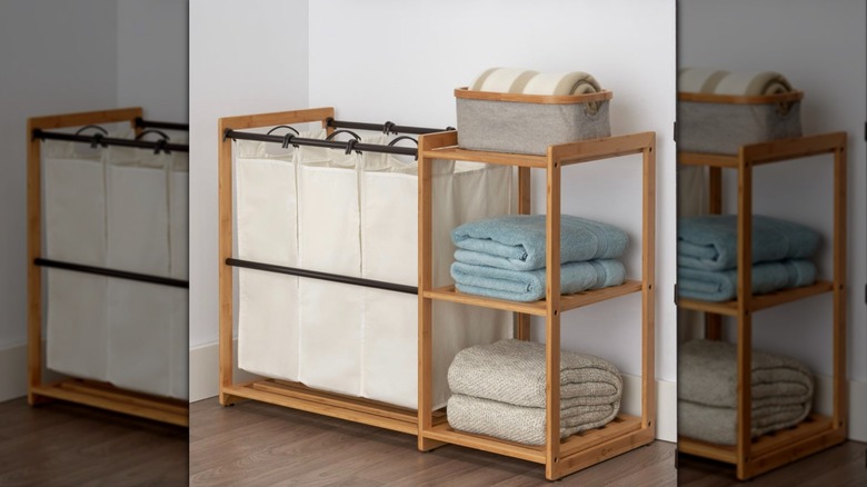 The TRINITY Bamboo Laundry Station from Costco set up in a bathroom.